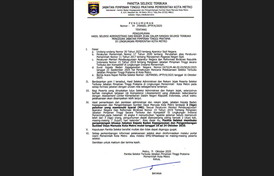 Seleksi Terbuka JPTP Kepala BKPSDM Metro Berpotensi Diperpanjang