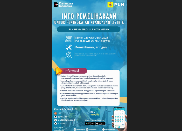 Siap-siap! Ini Daftar Wilayah yang Terkena Pemadaman Listrik Oleh PLN ULP Metro