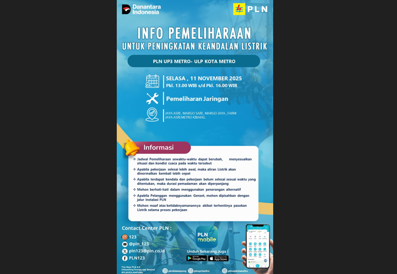 PLN ULP Metro Umumkan Pemadaman Listrik di Sekitar Metro Kibang, Cek Wilayah Lain!