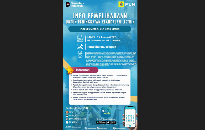 PLN Metro Umumkan Pemadaman Listrik di Area Metro dan Metro Kibang, Cek Jadwalnya