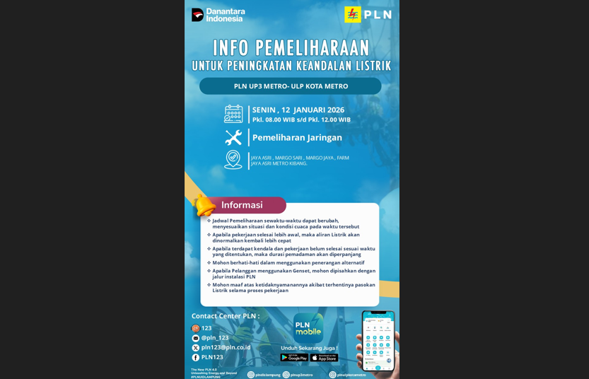 Pemeliharaan Jaringan, Area Metro Kibang Akan Terdampak Pemadaman Listrik 12 Januari 2026