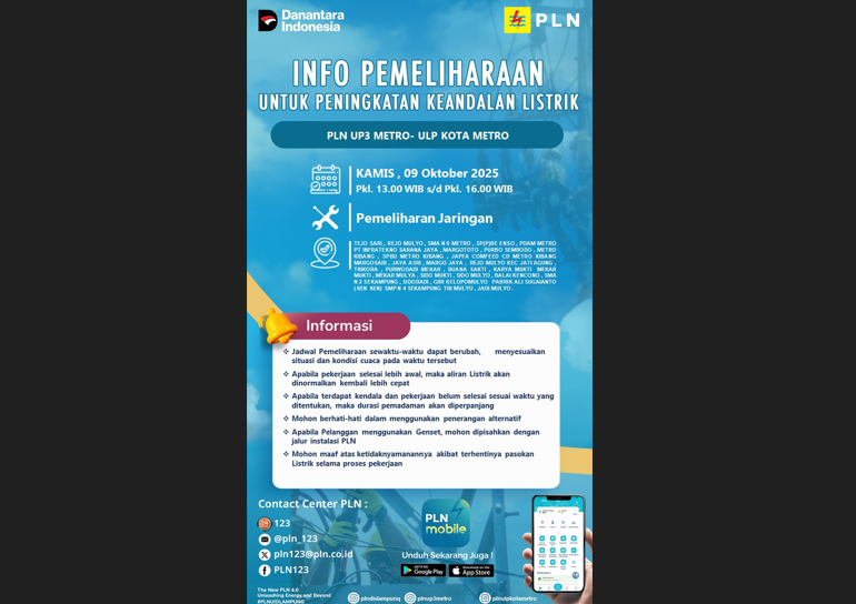 Pemadaman Listrik Siang Ini di Kota Metro dan Lampung Timur, Cek WIlayah Lengkapnya!
