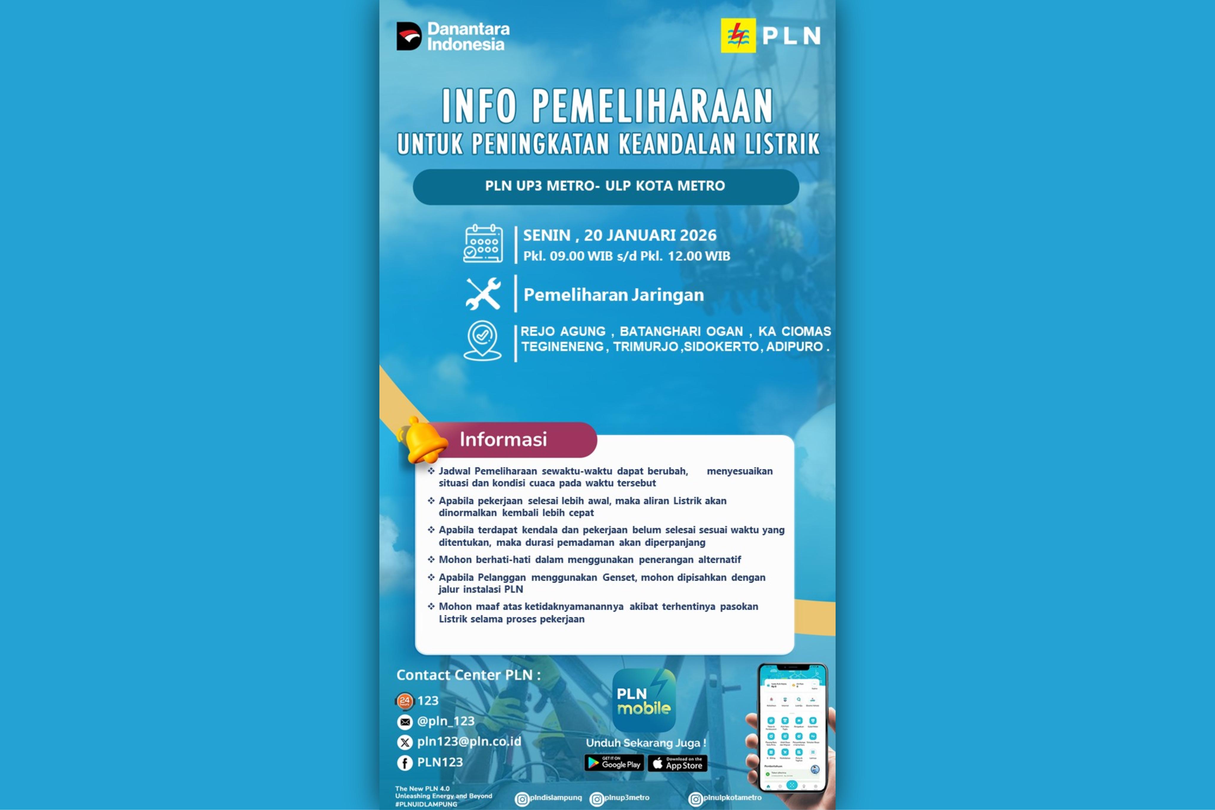 Pemeliharaan Jaringan, Wilayah Trimurjo Dan Sekitarnya Akan Terdampak Pemadaman Listrik PLN ULP Metro