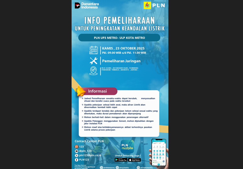PLN ULP Metro Jadwalkan Pemadaman Listrik di Wilayah Tegineneng, Kamis 23 Oktober 2025