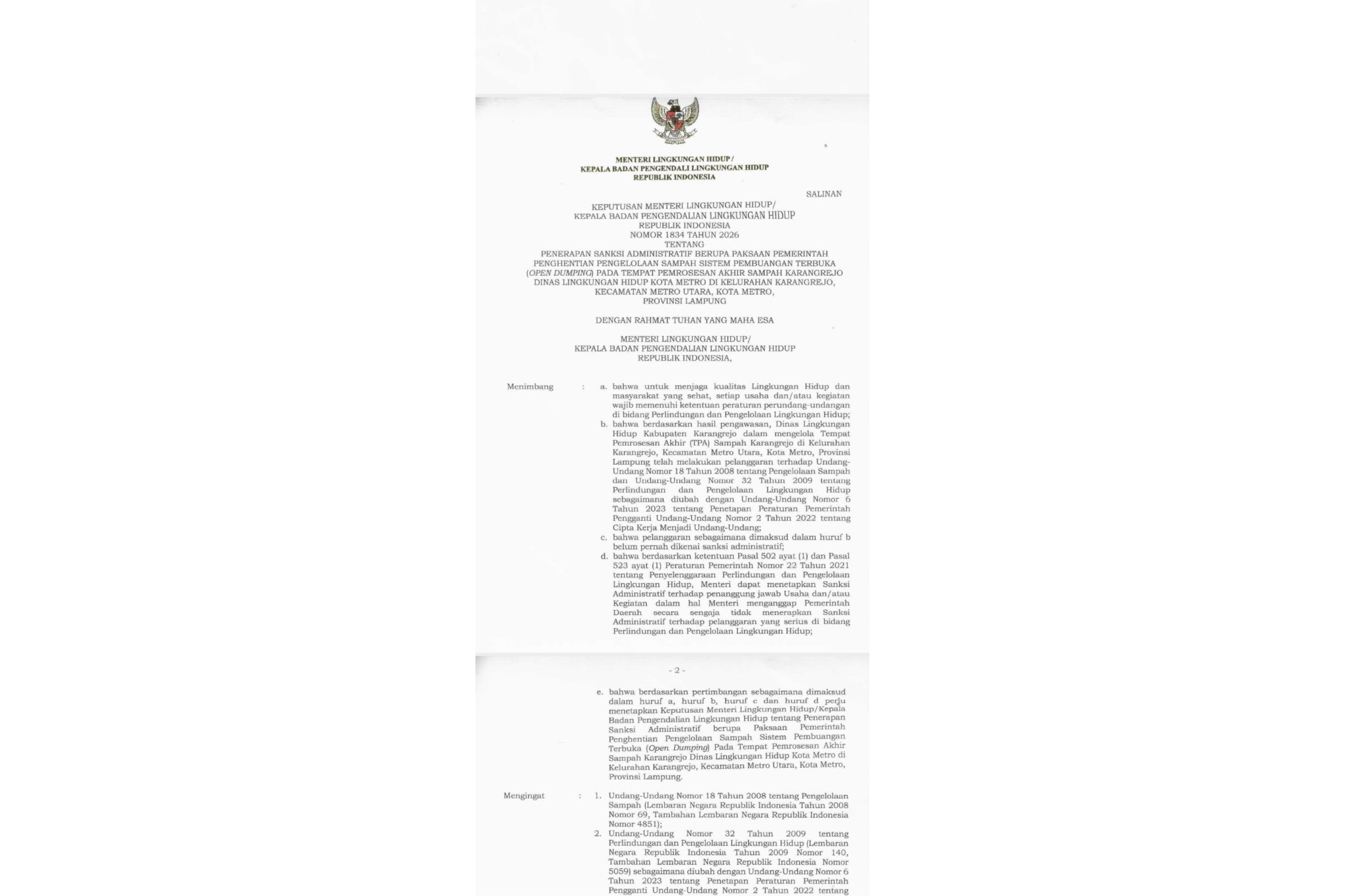 KLH RI Paksa Pemkot Metro Hentikan Open Dumping di TPAS Karangrejo