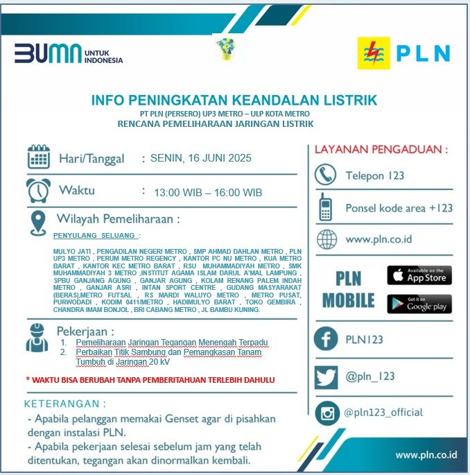 Jadwal Pemadaman Listrik Metro 16 Juni, Cek Wilayah yang Terdampak?