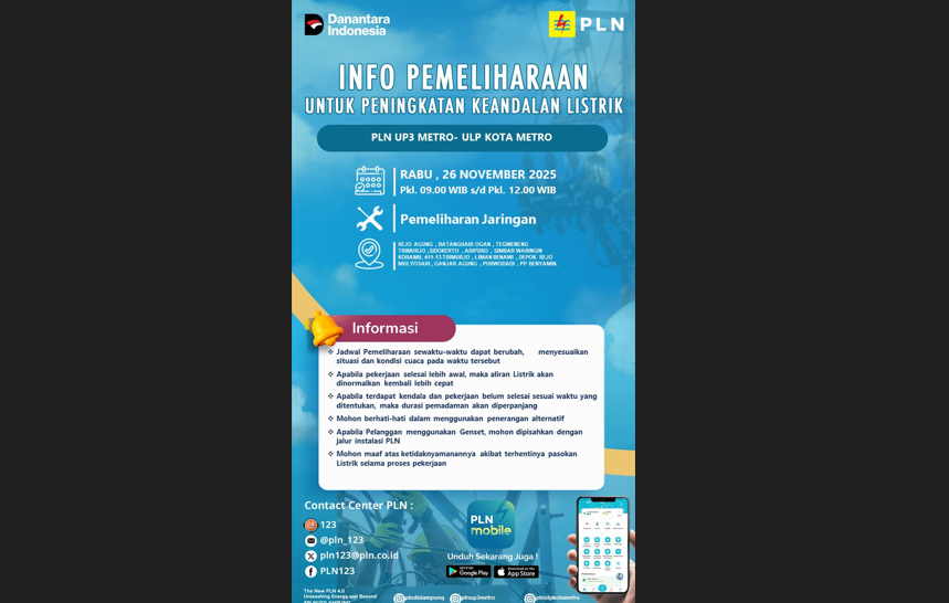 Pemeliharaan Jaringan, PLN Jadwalkan Pemadaman Listrik di Sejumlah Wilayah Ganjar Agung dan Trimurjo 