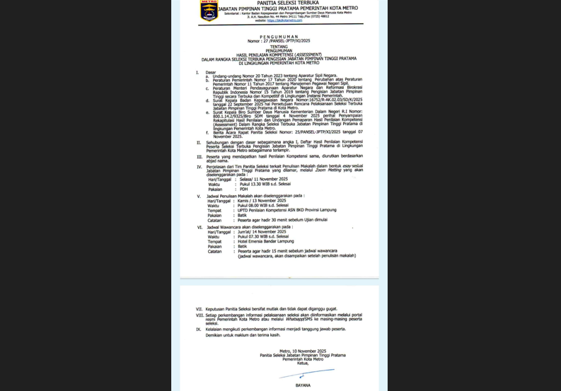 Pansel Resmi Umumkan Hasil Selter 3 JPTP di Kota Metro