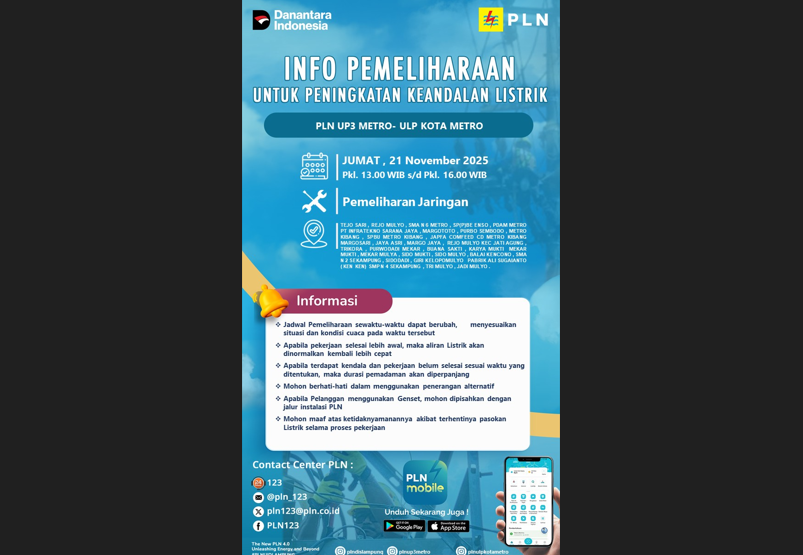 Waspada! Ini Daftar Wilayah yang Alami Pemadaman Listrik 21 November oleh PLN ULP Metro
