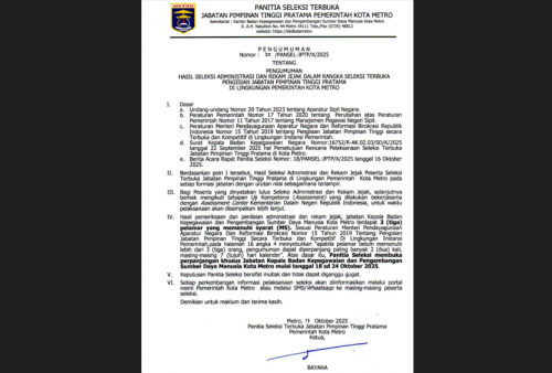 Seleksi Terbuka JPTP Kepala BKPSDM Metro Berpotensi Diperpanjang