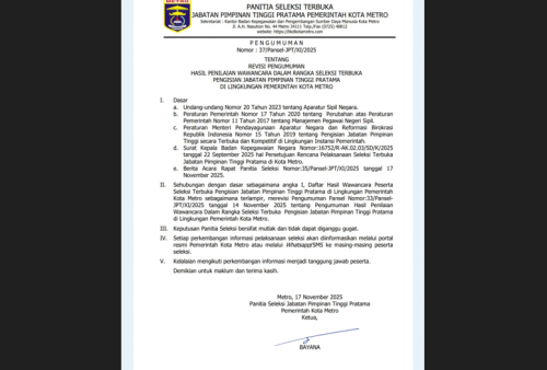 Resmi, Ini Hasil Seleksi Wawancara dan Makalah 3 JPTP di Kota Metro 