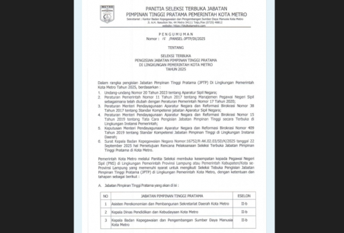 Pemkot Metro Umumkan Seleksi Terbuka 3 JPTP