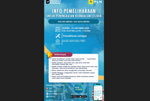 PLN ULP Metro Jadwalkan Pemadaman Listrik di Wilayah Tegineneng, Kamis 23 Oktober 2025